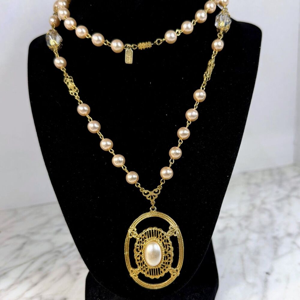 Vintage Signed 1928 Jewelry Co. Faux Pearl Filigree Pendant Necklace